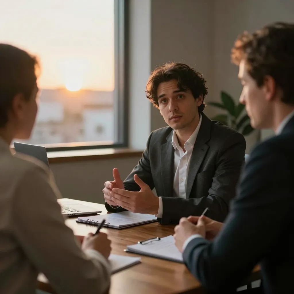 Reunión de trabajo en un entorno profesional con luz cálida y ambiente cercano que transmite acompañamiento y colaboración en proyectos de comunicación