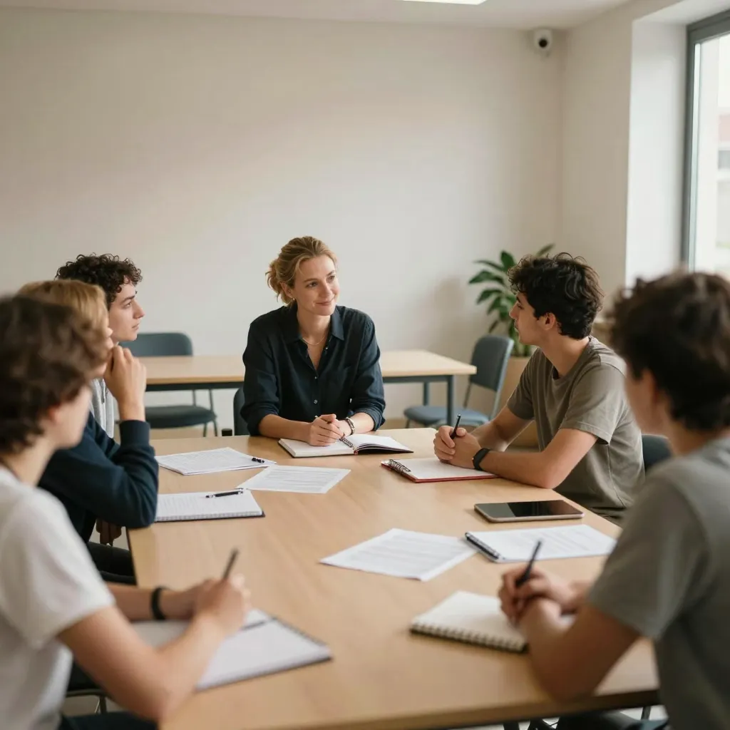 Sesión de formación para equipos locales en un entorno profesional con luz cálida que transmite aprendizaje, cercanía y acompañamiento en comunicación