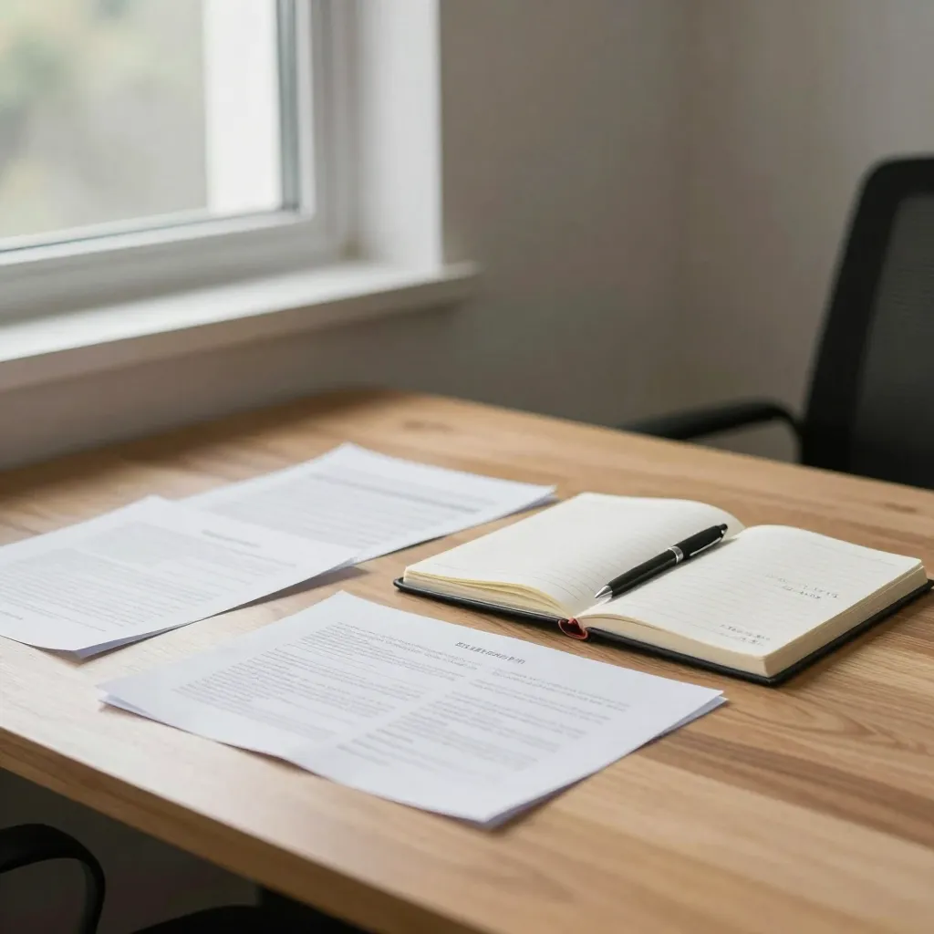 Mesa de trabajo profesional con documentos impresos y libreta en una oficina sobria que transmite orden y planificación en proyectos de comunicación para entidades locales